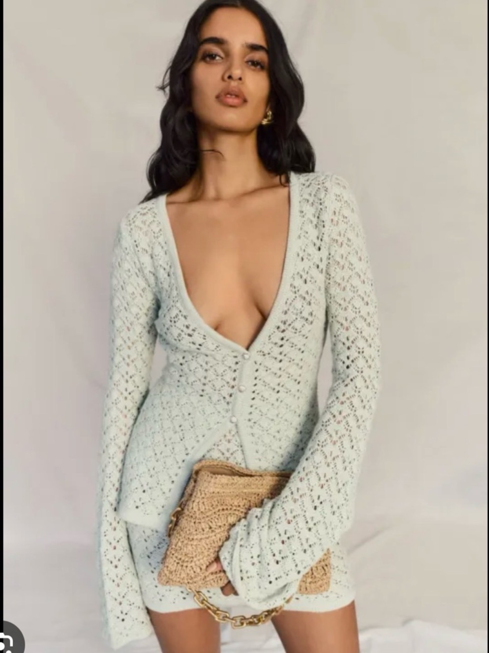 Pastel green cardigan and skirt set